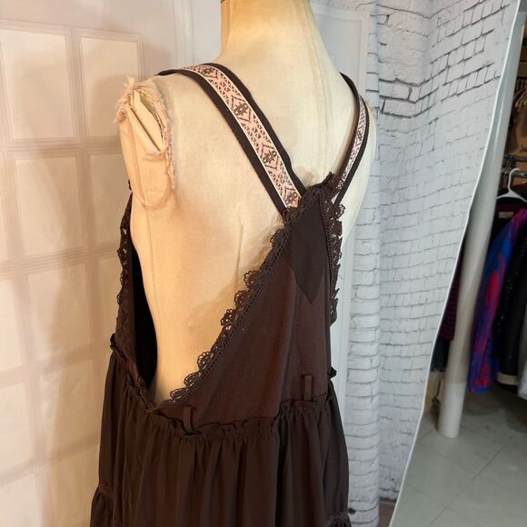 Utcoco Brown Embroidered Square Neck Tiered Maxi Jumper Apron Dress Medium - Picture 11 of 15